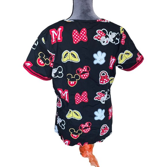 Disney Minnie Mouse Womens Scrub Top L Black Red Cartoon Print Cotton Blend V-Ne - Picture 2 of 5